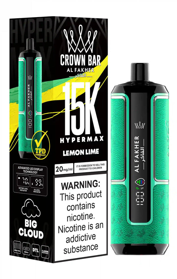 Al Fakher Crown Bar 15k Hypermax Vape Box of 10 with Lemon Lime flavour