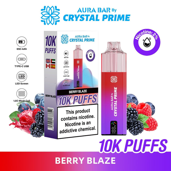 Crystal Prime Aura Bar 10000 Box of 5 - Prefilled Pod Kit - Flavour Berry Blaze available at UK Vaper Wholesale