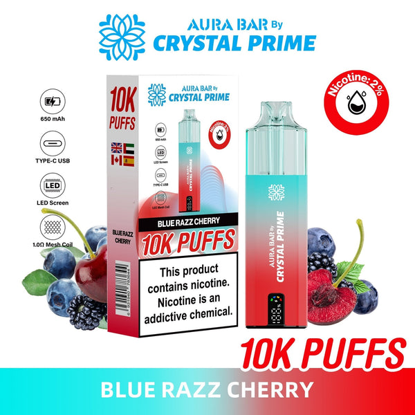 Crystal Prime Aura Bar 10000 Box of 5 - Prefilled Pod Kit - Flavour Blue Razz Cherry available at UK Vaper Wholesale