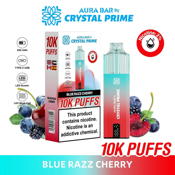 Crystal Prime Aura Bar 10000 Box of 5 - Prefilled Pod Kit - Flavour Blue Razz Cherry available at UK Vaper Wholesale