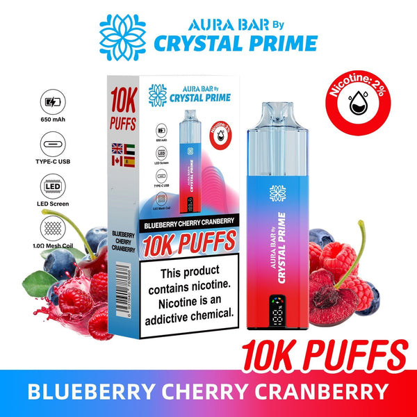 Crystal Prime Aura Bar 10000 Box of 5 - Prefilled Pod Kit - Flavour Blueberry Cherry Cranberry available at UK Vaper Wholesale