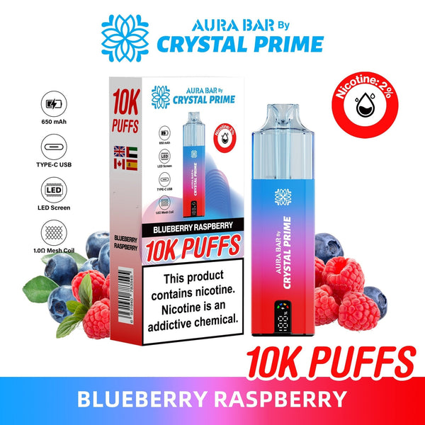 Crystal Prime Aura Bar 10000 Box of 5 - Prefilled Pod Kit - Flavour Blueberry Raspberry available at UK Vaper Wholesale