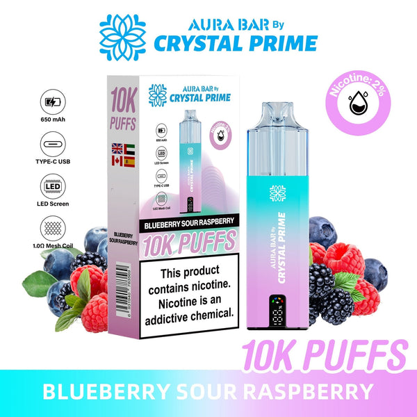 Crystal Prime Aura Bar 10000 Box of 5 - Prefilled Pod Kit - Flavour Blueberry Sour Raspberry available at UK Vaper Wholesale