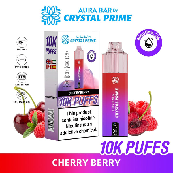 Crystal Prime Aura Bar 10000 Box of 5 - Prefilled Pod Kit - Flavour Cherry Berry available at UK Vaper Wholesale