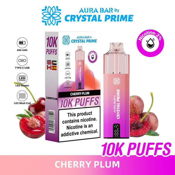 Crystal Prime Aura Bar 10000 Box of 5 - Prefilled Pod Kit - Flavour Cherry Plum available at UK Vaper Wholesale