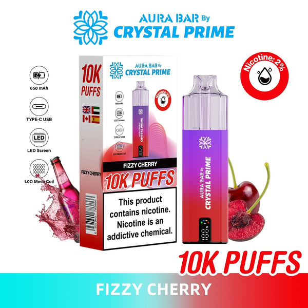 Crystal Prime Aura Bar 10000 Box of 5 - Prefilled Pod Kit- Flavour Fizzy Cherry available at UK Vaper Wholesale