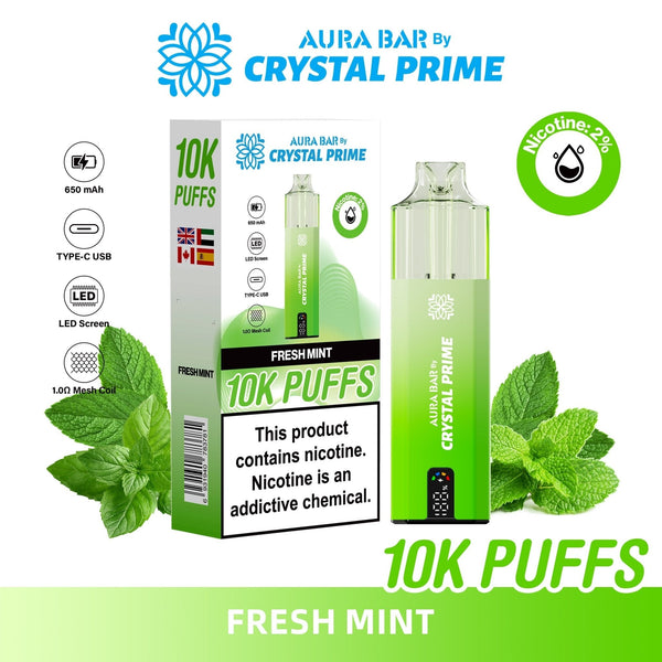 Crystal Prime Aura Bar 10000 Box of 5 - Prefilled Pod Kit - Flavour Fresh Mint available at UK Vaper Wholesale