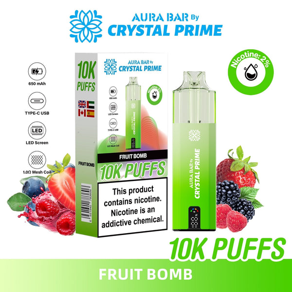 Crystal Prime Aura Bar 10000 Box of 5 - Prefilled Pod Kit - Flavour Fruit Bomb available at UK Vaper Wholesale