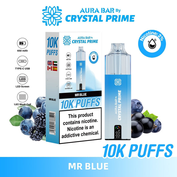 Crystal Prime Aura Bar 10000 Box of 5 - Prefilled Pod Kit - Flavour Mr Blue available at UK Vaper Wholesale