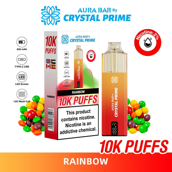 Crystal Prime Aura Bar 10000 Box of 5 - Prefilled Pod Kit - Flavour Rainbow available at UK Vaper Wholesale