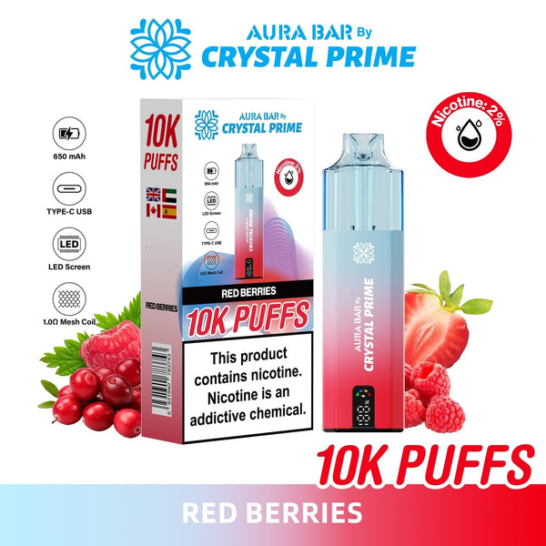 Crystal Prime Aura Bar 10000 Box of 5 - Prefilled Pod Kit - Flavour Red Berries available at UK Vaper Wholesale