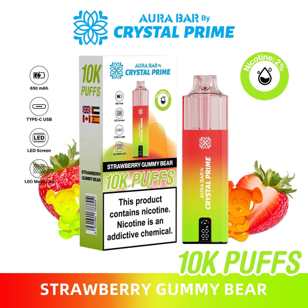 Crystal Prime Aura Bar 10000 Box of 5 - Prefilled Pod Kit - Flavour Strawberry Gummy Bear available at UK Vaper Wholesale