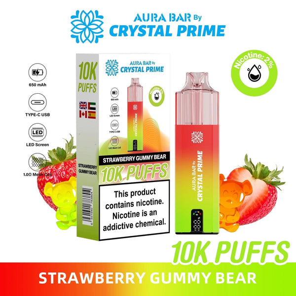 Crystal Prime Aura Bar 10000 Box of 5 - Prefilled Pod Kit - Flavour Strawberry Gummy Bear available at UK Vaper Wholesale