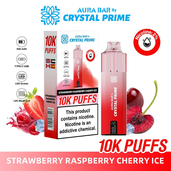Crystal Prime Aura Bar 10000 Box of 5 - Prefilled Pod Kit - Flavour Strawerry Raspberry Cherry Ice available at UK Vaper Wholesale