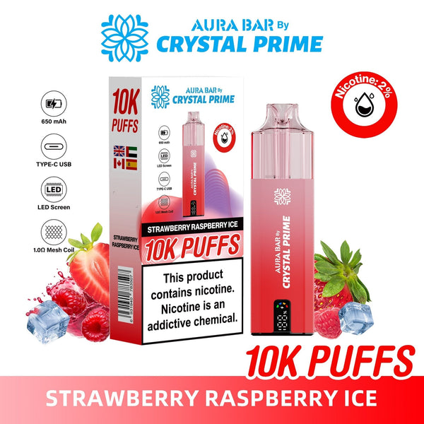 Crystal Prime Aura Bar 10000 Box of 5 - Prefilled Pod Kit - Flavour Strawberry Raspberry Ice available at UK Vaper Wholesale