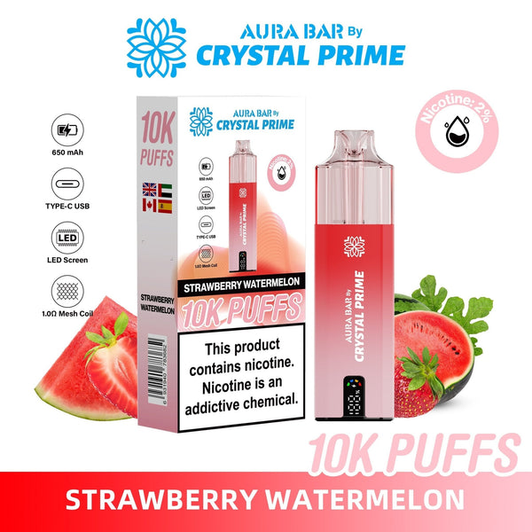 Crystal Prime Aura Bar 10000 Box of 5 - Prefilled Pod Kit - Flavour Strawerry Watermelon available at UK Vaper Wholesale