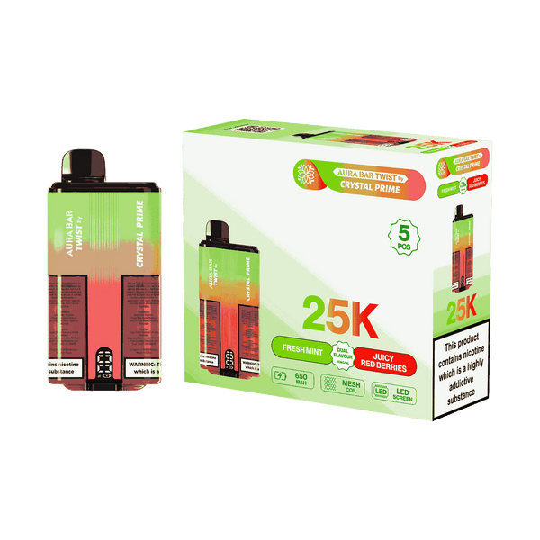 Aura Bar Twist 25000 Puffs by Crystal Prime - Box of 5 with Fresh Mint and Juicy Red Berries flavour