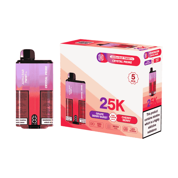 Aura Bar Twist 25000 Puffs by Crystal Prime - Box of 5 with Grape Berry Brust and Cherry Berry Flavour
