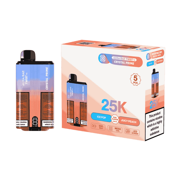Aura Bar Twist 25000 Puffs by Crystal Prime - Box of 5 with Ice Pop and Juicy Peach flavour
