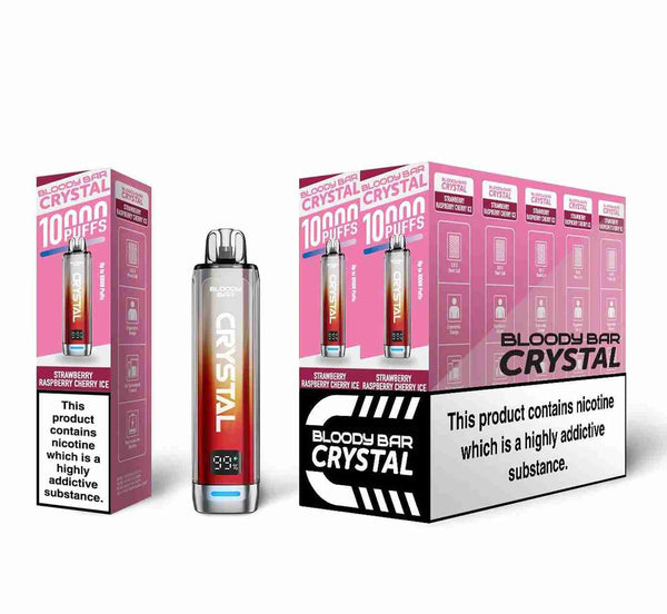Bloody Crystal 10K Prefilled Pod kit featuring Box of 10 of flavour Strawberry Raspberry Cherry Ice