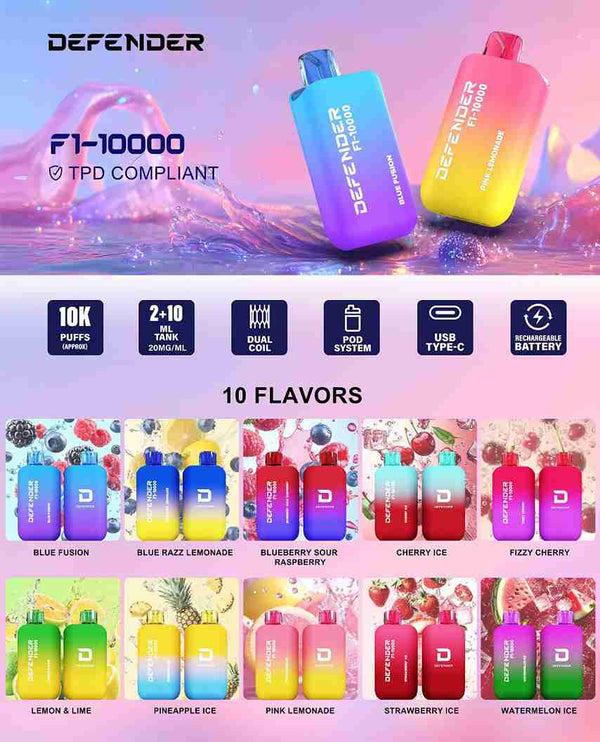Defender F1 - 10000 Prefilled Pod Vape Kit ( Box of 5 ) - 10 Flavours Wholesale Price !