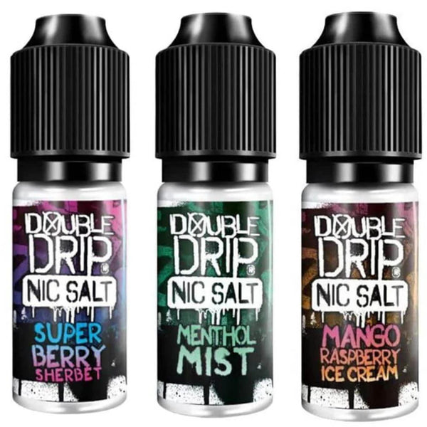 Double Drip Nic Salt 10ml Pack of 10 Available in Superberry Sherbet Menthol Mist Mango Raspberry Ice Cream Flavour