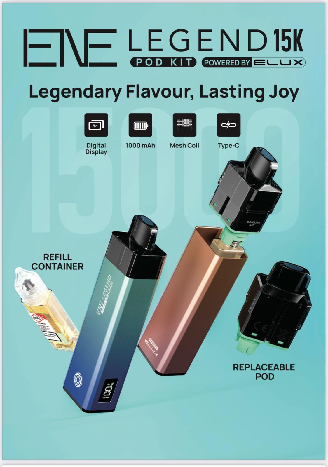 Elux ENE Legend 15k Puffs Prefilled Pod Kit - Box of 5 Elux ENE Legend 15k Puffs Prefilled Pod Kit - Box of 5