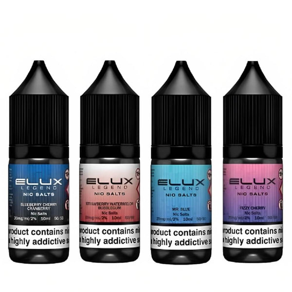 Elux Legend Nic Salt E-Liquid 10ml Box of 10, Blueberry Cherry Cranberry, Strawberry Watermelon Bubblegum, Mr Blue, Fizzy Cherry Flavour