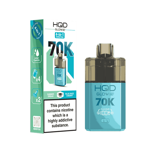 Image Of HQD Glow Air 70k, 70000 Puffs Prefilled Vape kit - Box of 5 with Summer Dream andBlue Razz Cherry flavour