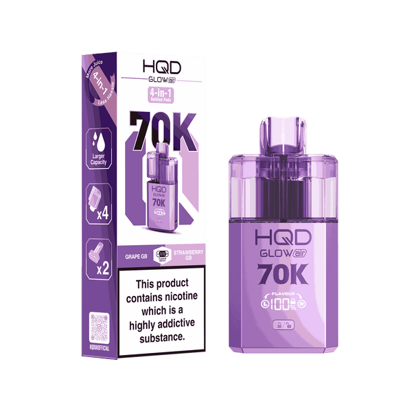 Image Of HQD Glow Air 70k, 70000 Puffs Prefilled Vape kit - Box of 5 with Grape GB and Strawberry GB flavour