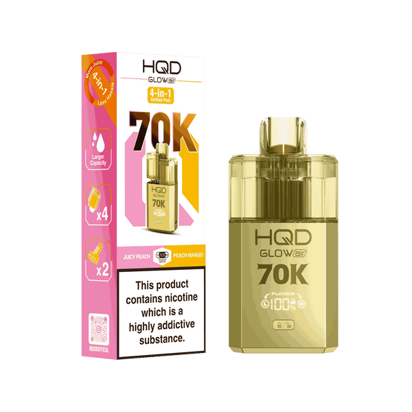 Image Of HQD Glow Air 70k, 70000 Puffs Prefilled Vape kit - Box of 5 with Juicy Peach and Peach Mango flavour