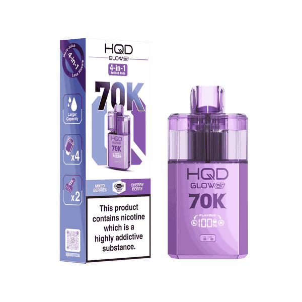 Image Of HQD Glow Air 70k, 70000 Puffs Prefilled Vape kit - Box of 5 with Mixed Berries and Cherry Berry flavour
