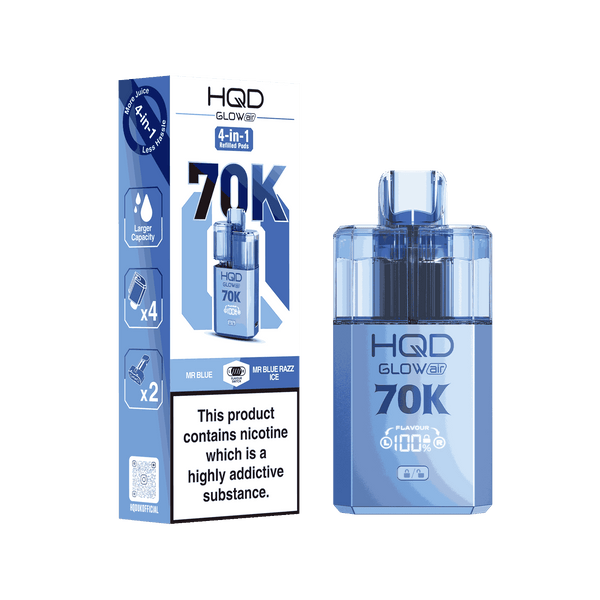 Image Of HQD Glow Air 70k, 70000 Puffs Prefilled Vape kit - Box of 5 with Mr Blue Razz Ice flavour