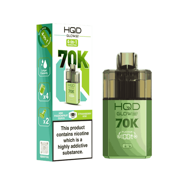 Image Of HQD Glow Air 70k, 70000 Puffs Prefilled Vape kit - Box of 5 with Strawberry kiwi and Kiwi Passionfruit Guava flavour