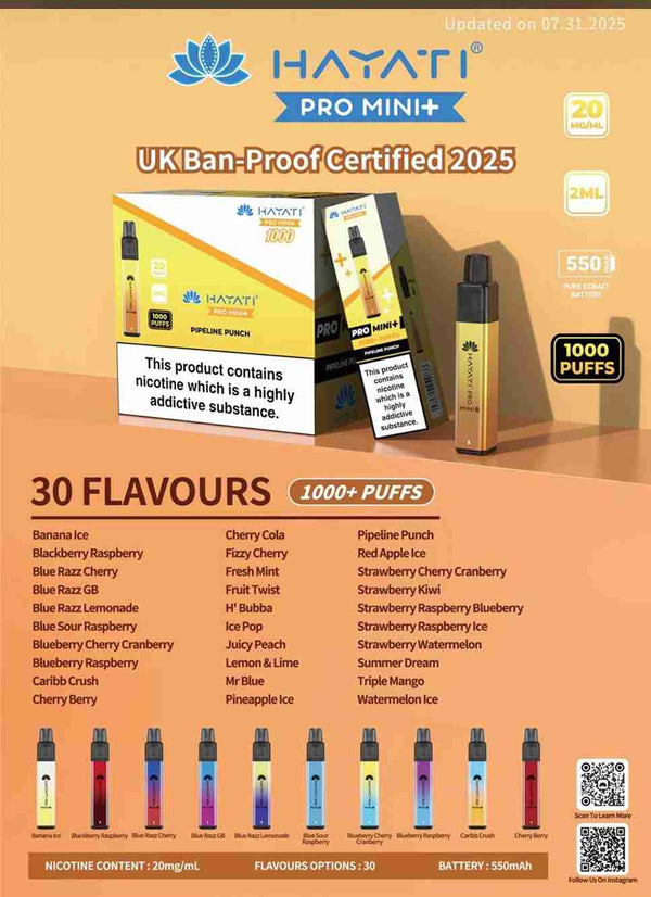 Hayati Pro mini+ 1000 Puffs Vape Pod Kit - 20mg Pack of 10 - Wholesale Price ! Available in 30 Flaours