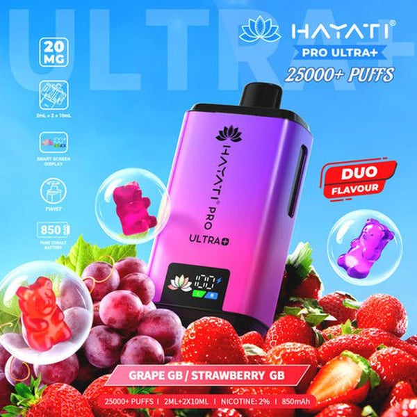 Hayati Pro Ultra Plus 25000 Prefilled Pod Kit Box of 5, Grape Gb, Strawberry Gb Flavour