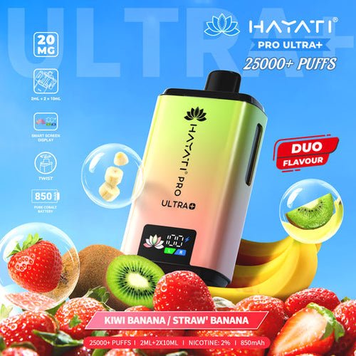 Hayati Pro Ultra Plus 25000 Prefilled Pod Kit Box of 5, Kiwi Banana, Straw Banana Flavour