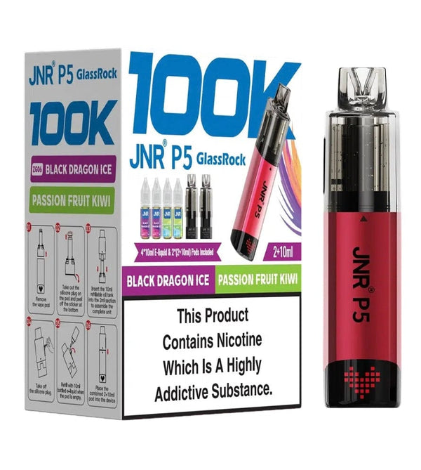 Image of JNR P5 GlassRock 100K Pack of 3 vape device offers dual flavours.