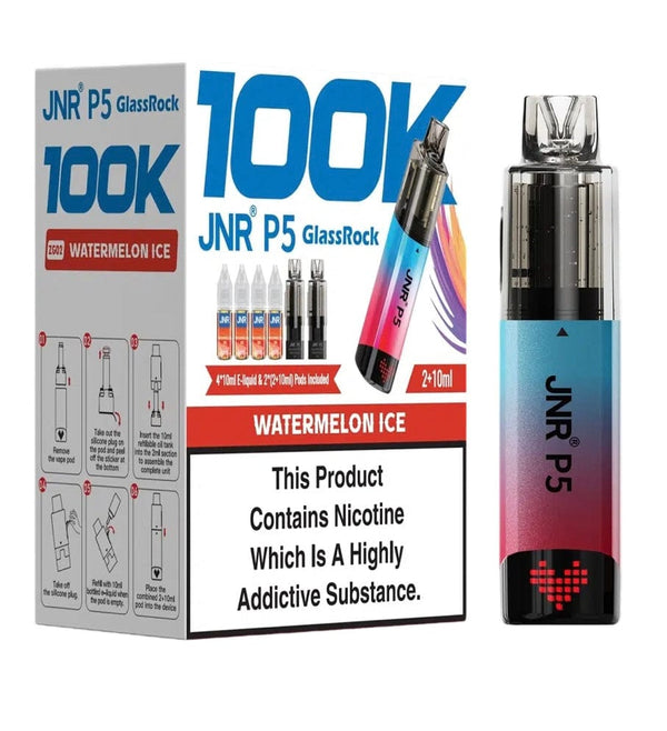 Image of JNR P5 GlassRock 100K Pack of 3 vape device offers dual flavours.