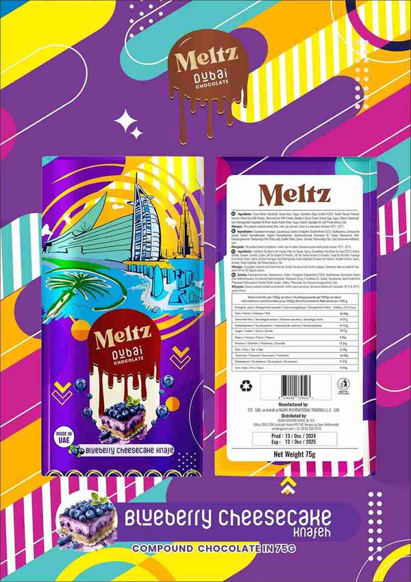 Meltz Dubai Knafeh Chocolate - 75g - with Blueberry CheeseCake flavour