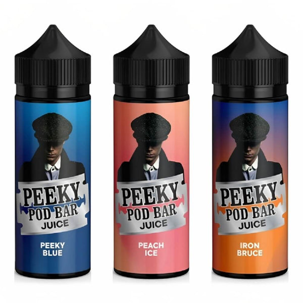 Peeky Blenders Pod Bar Juice Shortfill 100ml, Peeky Blue, Peach Ice, Iron Bruce Flavour