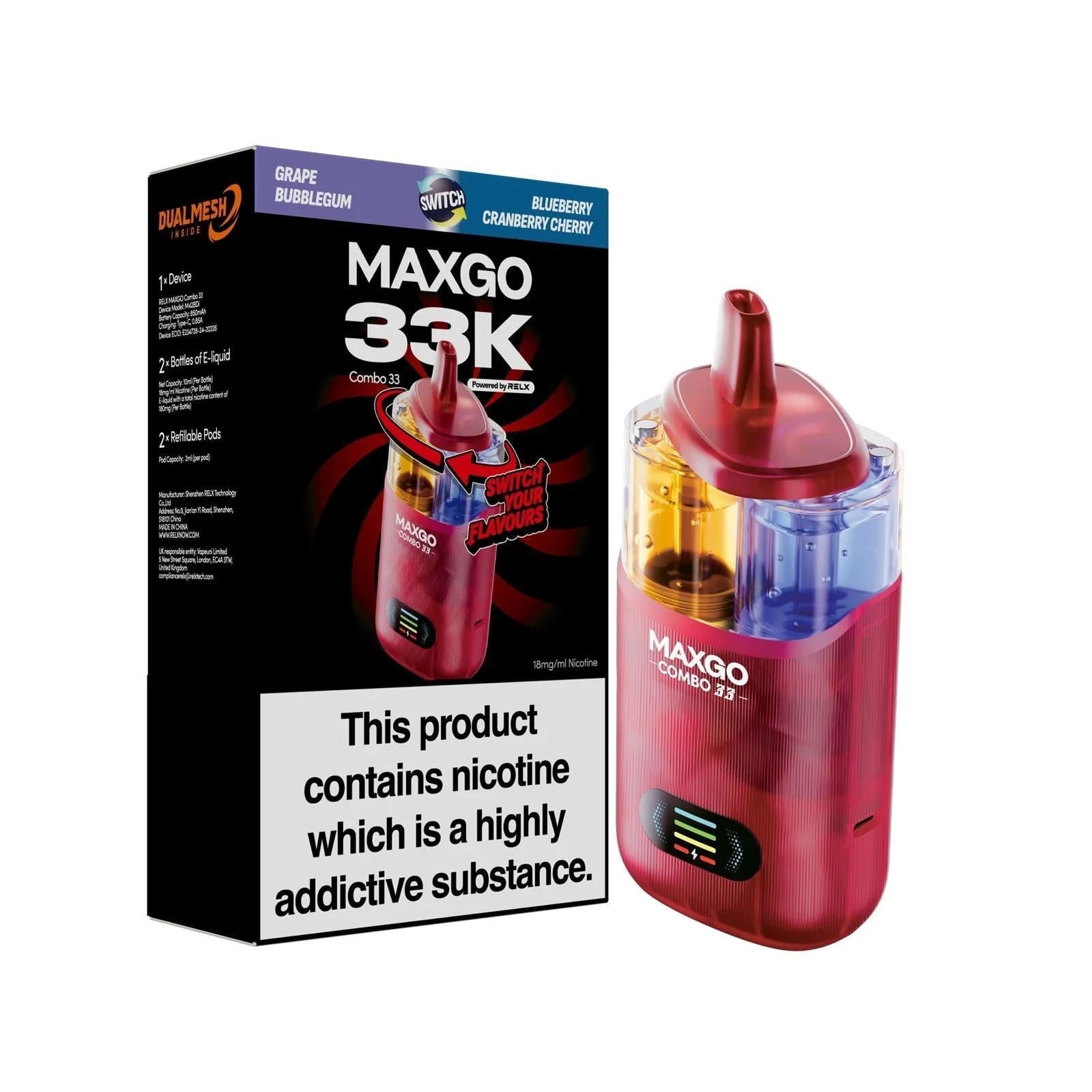 Relx Maxgo Combo 33000 Prefilled Pod Kit - Box of 3 Relx Maxgo Combo 33000 Prefilled Pod Kit - Box of 3