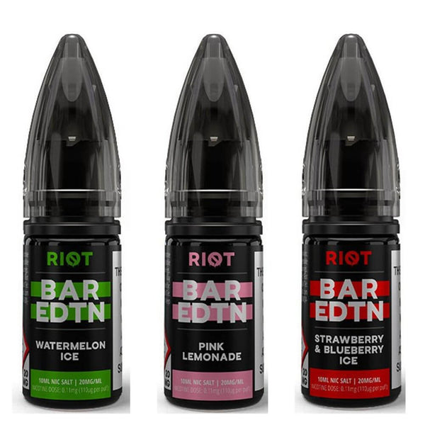 Riot Bar EDTN Nic Salt 10ml Pack of 10 Available In Watermelon Ice Pink Lemonade Strawberry & Blueberry Ice Flavour
