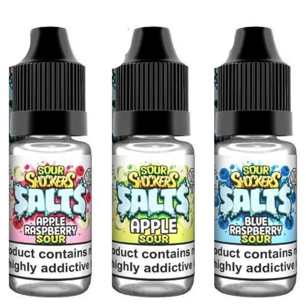 Sour Shockers Nic Salt 10ml Pack of 5 Available in Apple Raspberry Sour Apple Sour Blue Raspberry Sour Flavour