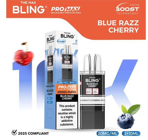 The Bling 10K Pro Max Replacement Prefilled Pods - Box of 5 Available In Blue Razz Cherry Flavour