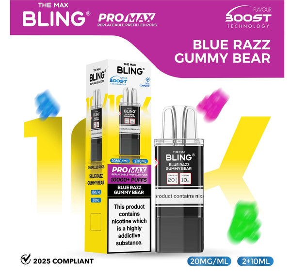 The Bling 10K Pro Max Replacement Prefilled Pods - Box of 5 Available In Blue Razz Gummy Bear Flavour
