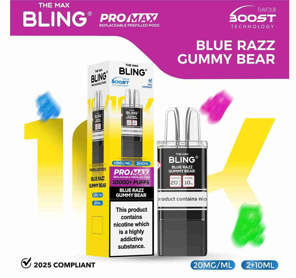 The Bling 10K Pro Max Replacement Prefilled Pods - Box of 5 Available In Blue Razz Gummy Bear Flavour