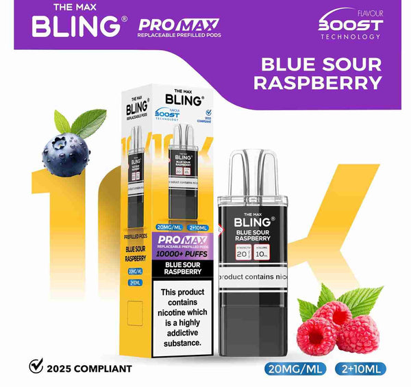 The Bling 10K Pro Max Replacement Prefilled Pods - Box of 5 Available In Blue Sour Raspberry Flavour