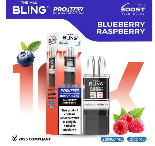 The Bling 10K Pro Max Replacement Prefilled Pods - Box of 5 Available In Blueberry Raspberry Flavour