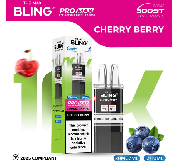 The Bling 10K Pro Max Replacement Prefilled Pods - Box of 5 Available In Cherry Berry Flavour